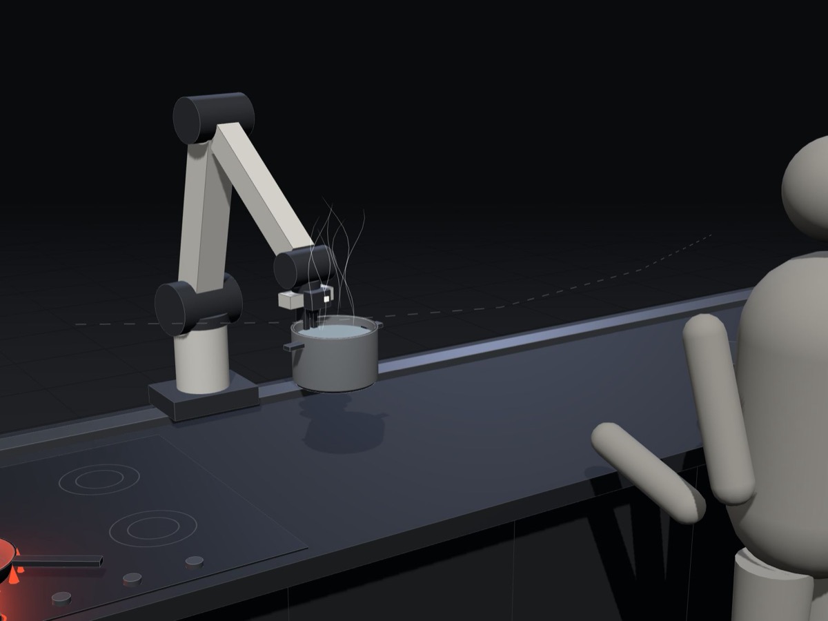 A robot arm carries a steaming pot along a counter toward a person standing nearby.