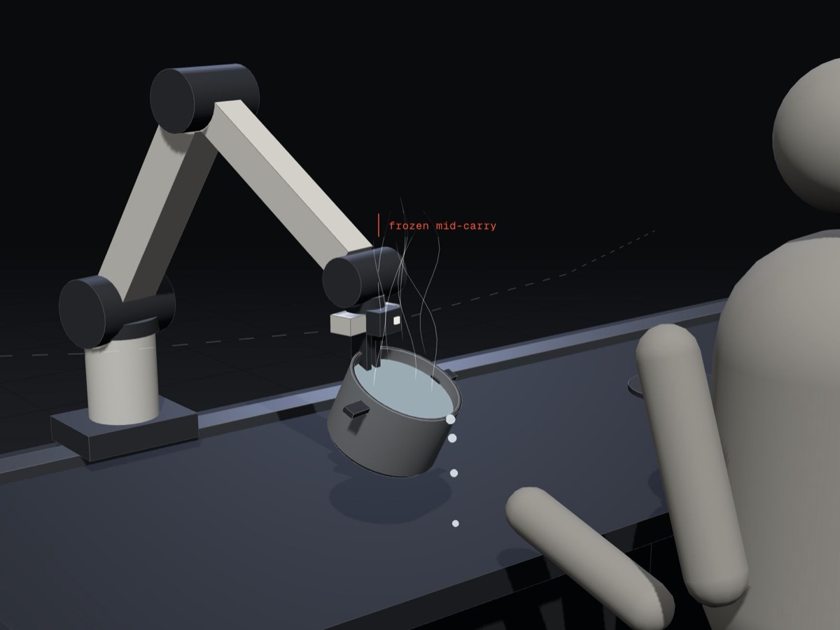 The arm is frozen at full reach. The pot is tilting toward the person and dripping.