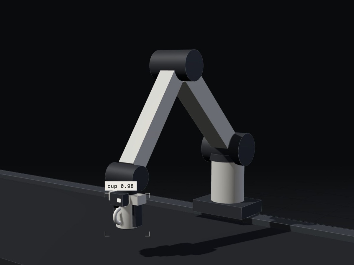 A robot arm on a counter, its gripper closed around a cup.