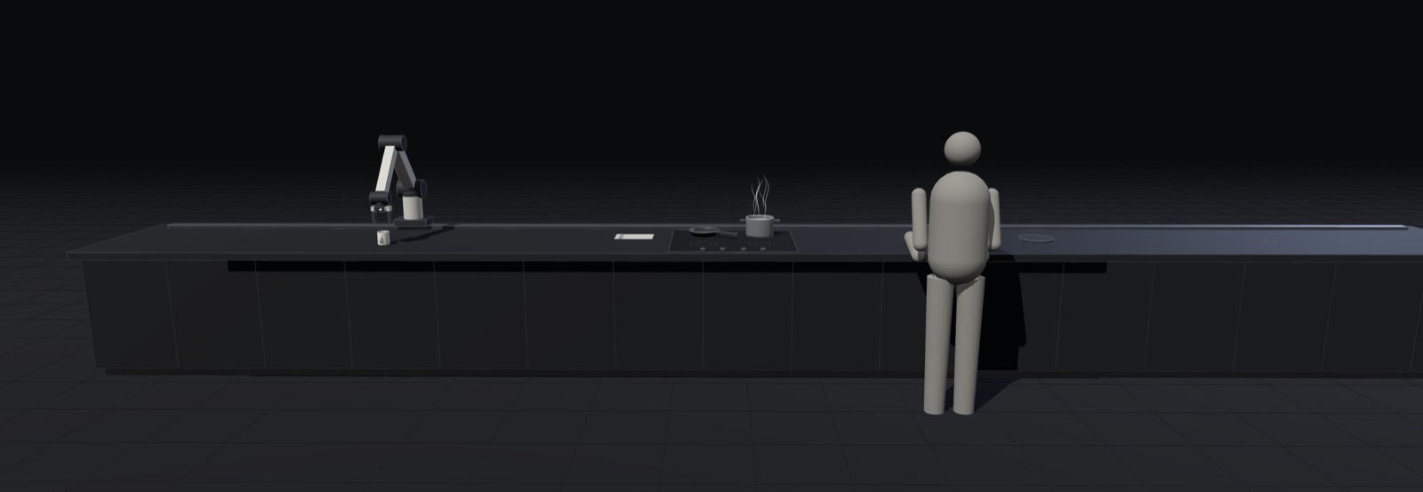 A long kitchen counter with a robot arm on a rail, a stove with a steaming pot, and a person standing at the counter.