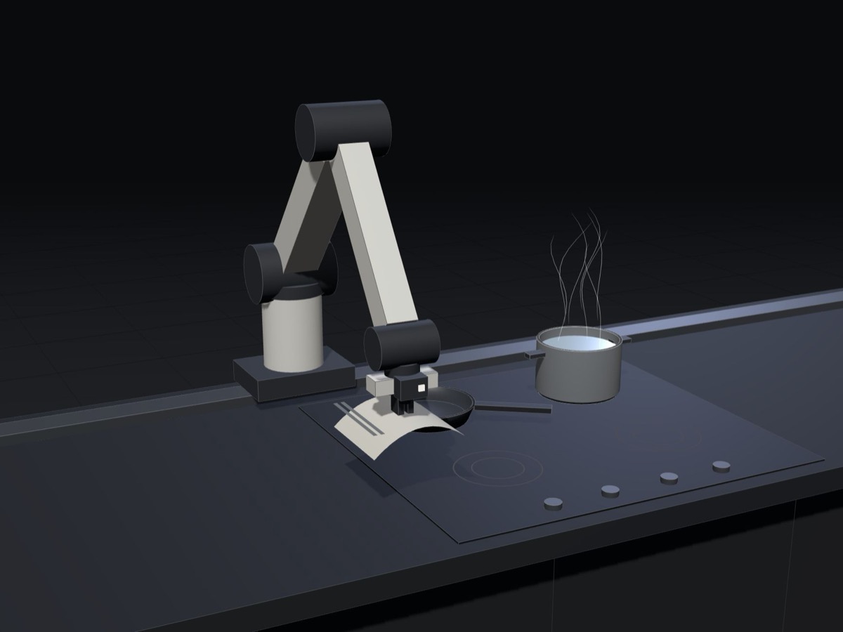 A robot arm lays a dish towel on the counter beside a stove.
