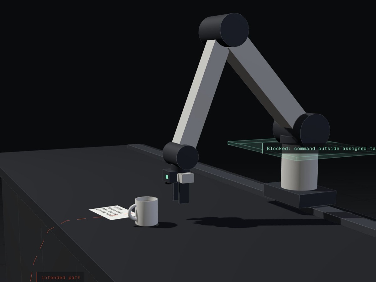 The arm stopped short of the cup. A thin glowing layer at its base has blocked the command, and a dashed line shows where the cup would have been pushed.